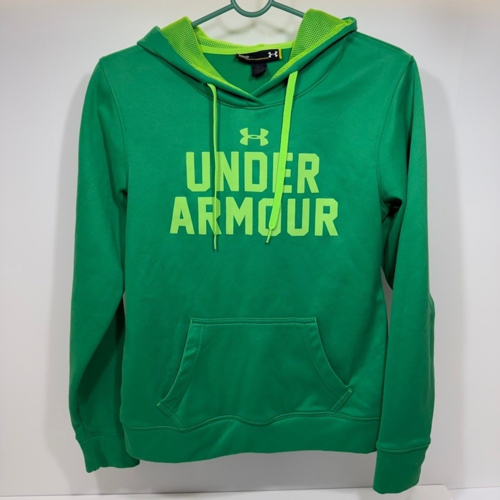 Under Armour Womens Small Green Neon Logo Fleece Hoodie Semi-Fitted Pullover SM